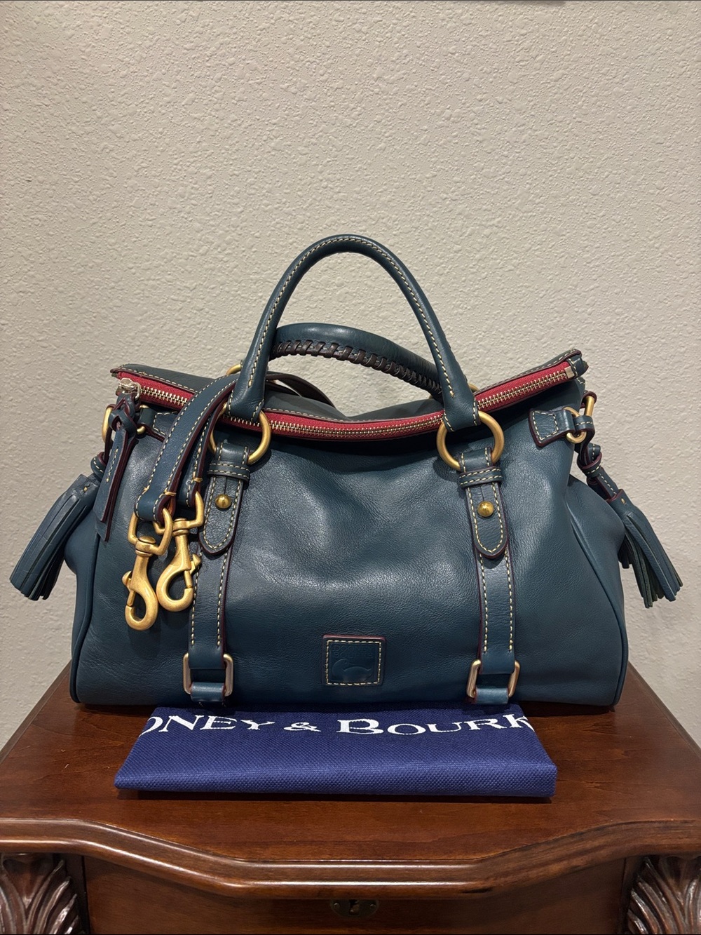 Dooney & Bourke Florentine Satchel Teal Blue with Dust Bag EUC 14”